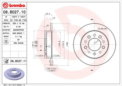 Тормозной диск BREMBO 08.B027.10 для HYUNDAI TIBURON