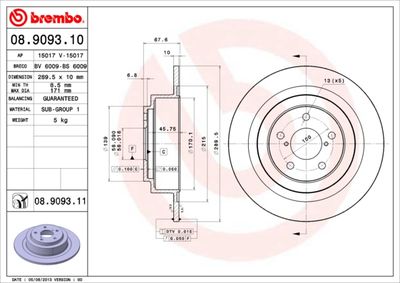 Тормозной диск BREMBO 08.9093.11 для SUBARU OUTBACK