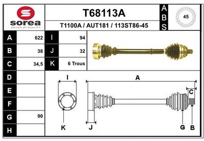 EAI T68113A Полуось в сборе  для AUDI 100 C4 седан (4A2) 2.0 E quattro