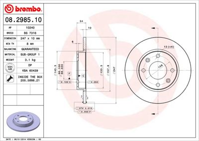 Тормозной диск BREMBO 08.2985.10 для PEUGEOT 306