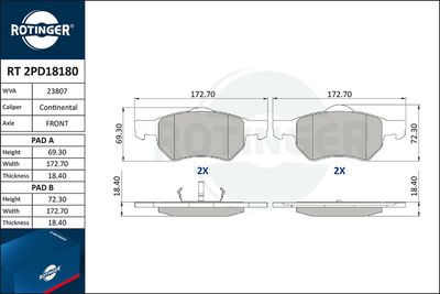 Zestaw klocków hamulcowych, hamulce tarczowe ROTINGER RT 2PD18180
