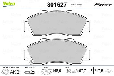 Комплект тормозных колодок, дисковый тормоз VALEO 301627 для ACURA NSX