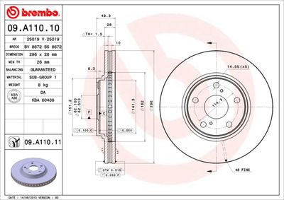 Тормозной диск BREMBO 09.A110.11 для TOYOTA CAMRY