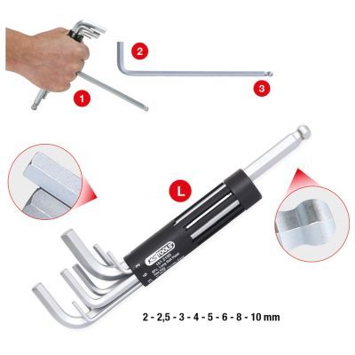 KS Tools Souprava úhlových klíčů s čepem, vnitřní šestihran, 3v1, 8dílná, dlouhé, kulatá hlava 151.2100