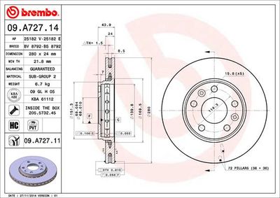 Тормозной диск BREMBO 09.A727.11 для RENAULT GRAND SCENIC