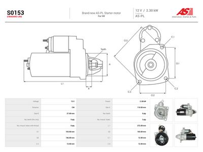 Startmotor AS-PL S0153 för VW, CHEVROLET, MWM