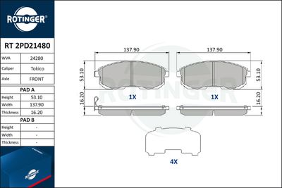 Комплект тормозных колодок, дисковый тормоз ROTINGER RT 2PD21480 для MITSUBISHI L300