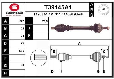 EAI T39145A1 Полуось в сборе  для PEUGEOT 206 Наклонная задняя часть (2A/C) 1.6 16V