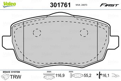 Комплект тормозных колодок, дисковый тормоз VALEO 301761 для LANCIA YPSILON