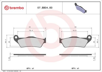 Brake pads Voor, beoogd gebruik: oe gelijkwaardig, materiaal: sinter-83, 36,3/36,5x94x7,6mm