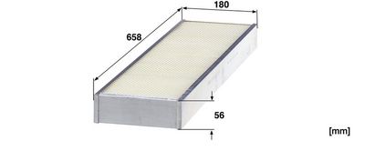 Cabinefilter (658x180x56mm, patroon) past: DEUTZ FAHR 4060, 4060 H, 4060 HTS, 4065 H, 4065 HTS, 4068 H, 4068 HTS, 4070, 4075 H, 4075 HTS, 4080 H, 4080 HTS, 4090 H, 8XL, 8 XL