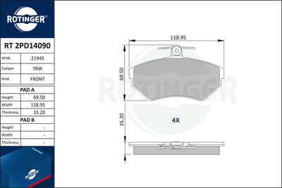 Zestaw klocków hamulcowych, hamulce tarczowe ROTINGER RT 2PD14090