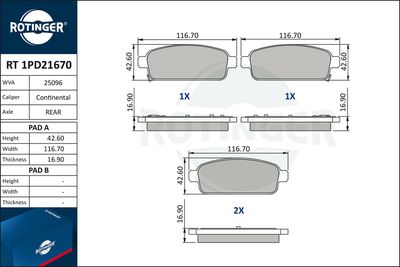 комплект спирачно феродо, дискови спирачки ROTINGER RT 1PD21670