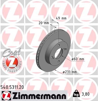 ZIMMERMANN 540.5311.20 Тормозные диски  для SUZUKI CELERIO (Сузуки Келерио)