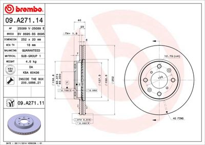 Тормозной диск BREMBO 09.A271.14 для SUZUKI SPLASH