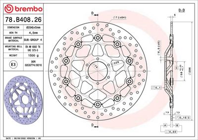 Brake disc Voor drijvend, 296/58x5mm 6x74mm, diameter bevestigingsgat 6,5mm, hoogte (tussenruimte) 0 past: HONDA CB, CBF 600F (Hornet)/600S/600S F2 (Hornet S) 2000-2006