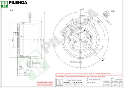 Тормозной диск PILENGA 5004 для ALFA ROMEO GTA