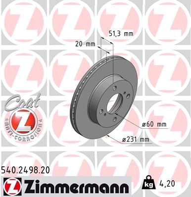 Тормозной диск ZIMMERMANN 540.2498.20 для NISSAN PIXO