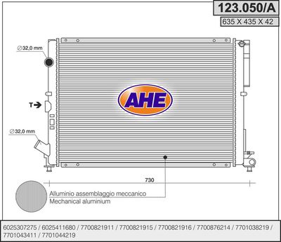 AHE 123.050/A Радиатор охлаждения двигателя  для RENAULT LAGUNA (Рено Лагуна)