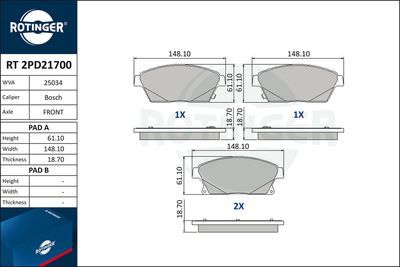 комплект спирачно феродо, дискови спирачки ROTINGER RT 2PD21700
