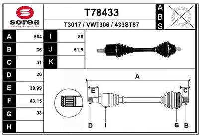 Приводной вал EAI T78433 для VW TIGUAN