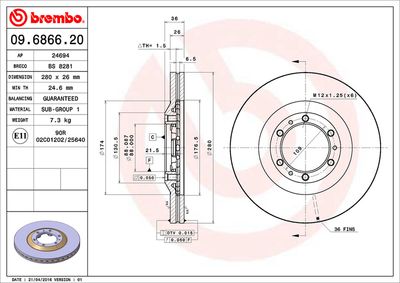 Тормозной диск BREMBO 09.6866.20 для ISUZU RODEO