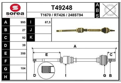 EAI T49248 Полуось в сборе для RENAULT ESPACE IV (JK0/1_) 2.0 Turbo (JK0A, JK0B, JK0N) EAI T49248 Полуось в сборе для RENAULT ESPACE IV (JK0/1_) 2.0 Turbo (JK0A, JK0B, JK0N)