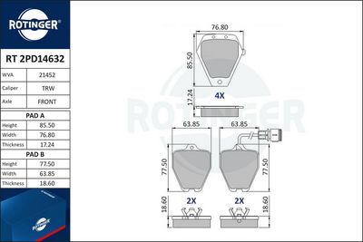 комплект спирачно феродо, дискови спирачки ROTINGER RT 2PD14632