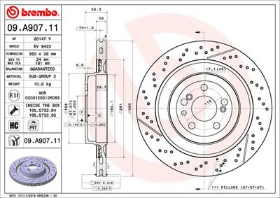 Тормозной диск BREMBO 09.A907.11 для MERCEDES-BENZ SLS