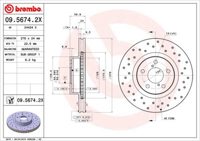 BREMBO 09.5674.2X Тормозные диски  для SUBARU OUTBACK (Субару Оутбакk)