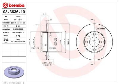 Тормозной диск BREMBO 08.3636.10 для FIAT REGATA