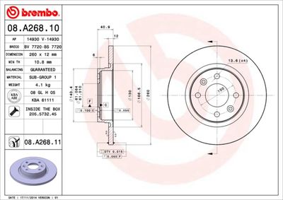 Тормозной диск BREMBO 08.A268.11 для DACIA SANDERO