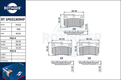 комплект спирачно феродо, дискови спирачки ROTINGER RT 1PD21309HP