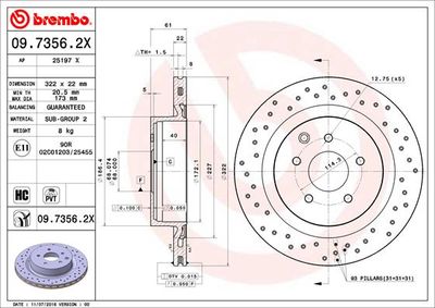 Тормозной диск BREMBO 09.7356.2X для NISSAN 350Z