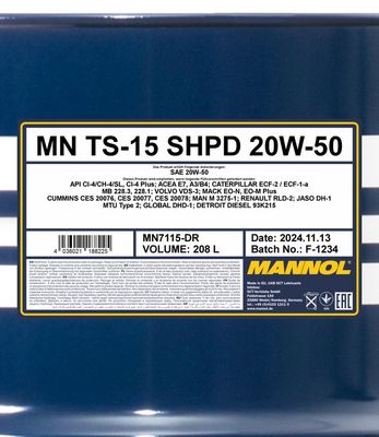 Motorolja MANNOL TS-15 SHPD 20W-50 208L MN7115-DR