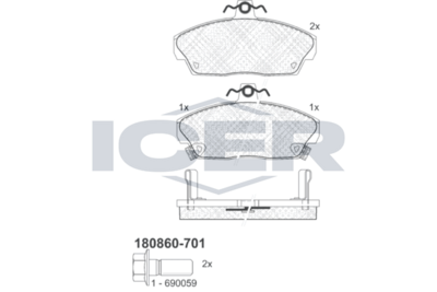 комплект спирачно феродо, дискови спирачки ICER 180860-701