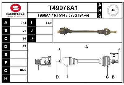 EAI T49078A1 Полуось в сборе для RENAULT TWINGO I (C06_) 1.2 (C067) EAI T49078A1 Полуось в сборе для RENAULT TWINGO I (C06_) 1.2 (C067)
