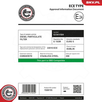 Filter sadzových častíc, výfukový systém ESEN SKV 62SKV584