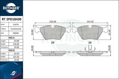 комплект спирачно феродо, дискови спирачки ROTINGER RT 2PD18430