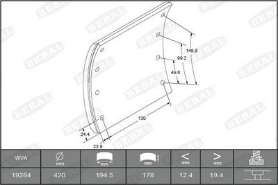 Brake shoe lining Achter (420x180. basis) past: SAF KRS, RBM, RLBM, RLSM, RSM, RZM, SKRLS, SKRLZ, SKRS, SKRZ, SKZRLZ, WRZM