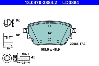 Комплект тормозных колодок, дисковый тормоз ATE 13.0470-3884.2 для MERCEDES-BENZ GLB