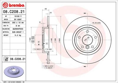 BREMBO 08.C208.21 Тормозные диски  для JAGUAR XE (Ягуар Xе)