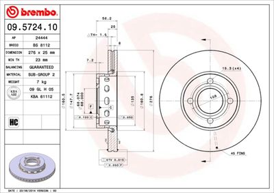 Тормозной диск BREMBO 09.5724.10 для AUDI CABRIOLET