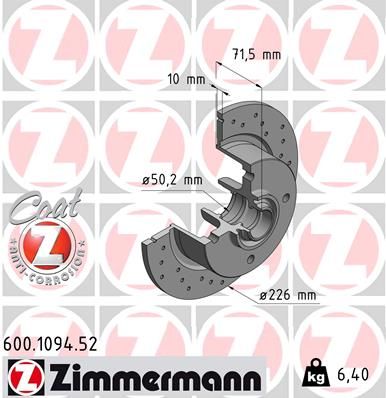 Тормозной диск ZIMMERMANN 600.1094.52 для VW KARMANN