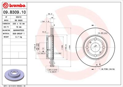 Тормозной диск BREMBO 09.B309.10 для TOYOTA VIOS