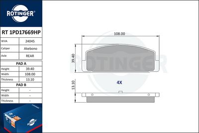 комплект спирачно феродо, дискови спирачки ROTINGER RT 1PD17669HP
