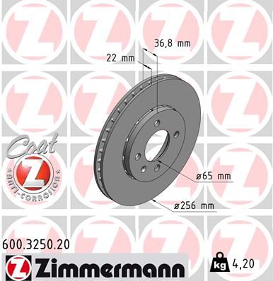 Тормозной диск ZIMMERMANN 600.3250.20 для SEAT Mii