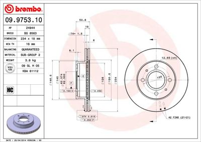 Тормозной диск BREMBO 09.9753.10 для HYUNDAI ATOS