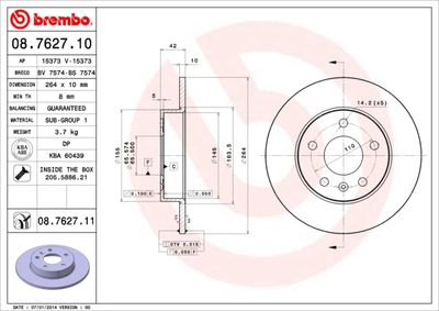 Тормозной диск BREMBO 08.7627.11 для CHEVROLET ASTRA