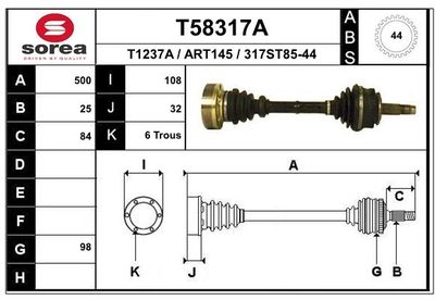 EAI T58317A Полуось в сборе  для ALFA ROMEO 155 (167_) 2.5 TD (167.A1A, 167.A1G)